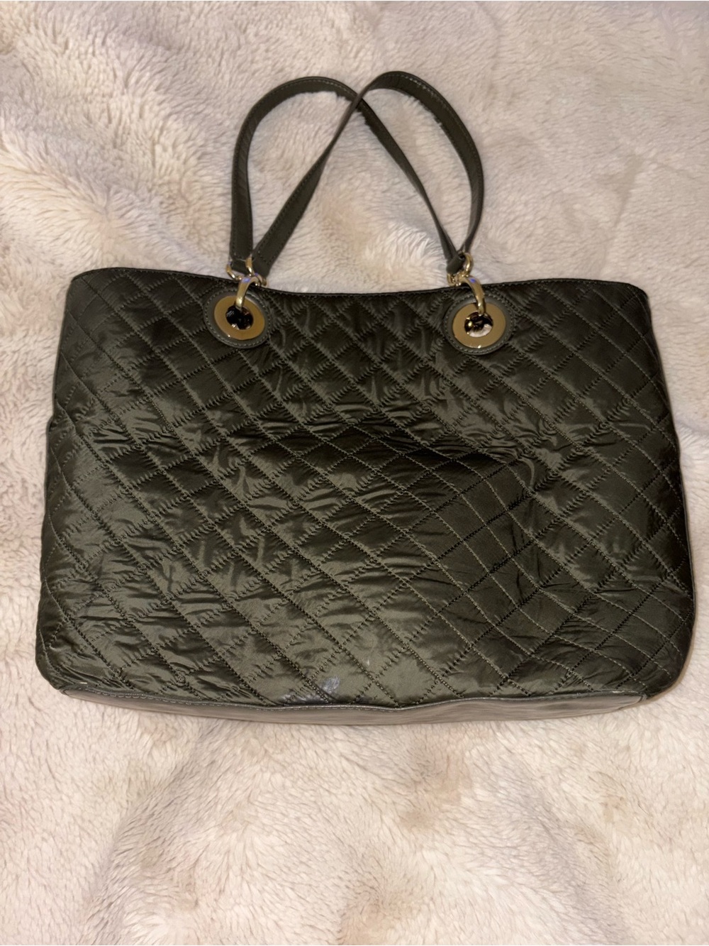 DKNY Quilted Nylon Dark Green Tote with Gold Hardware